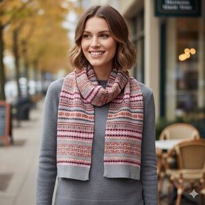 Talbots Modern Fair Isle Scarf Pink Gray MultiColor Knit Winter Warm Soft